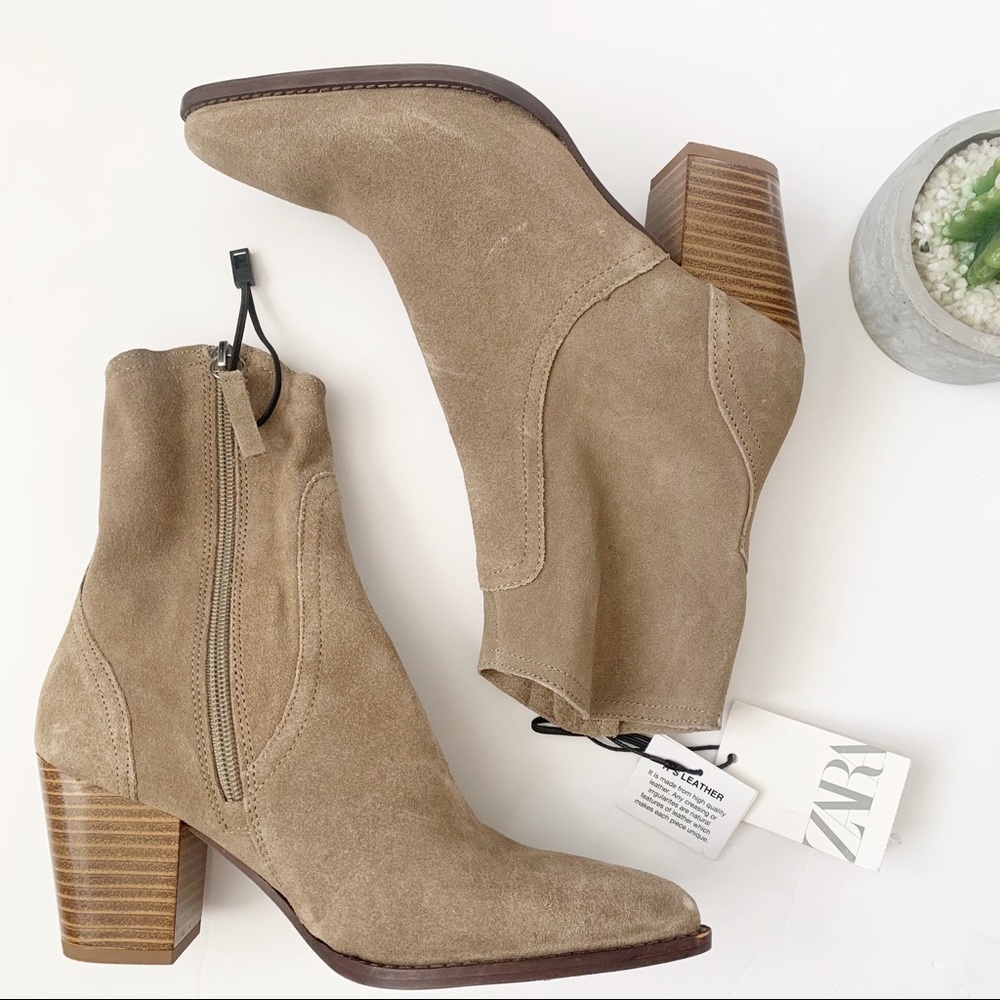 NWT Zara Split Suede Cowboy Heel Ankle Boots